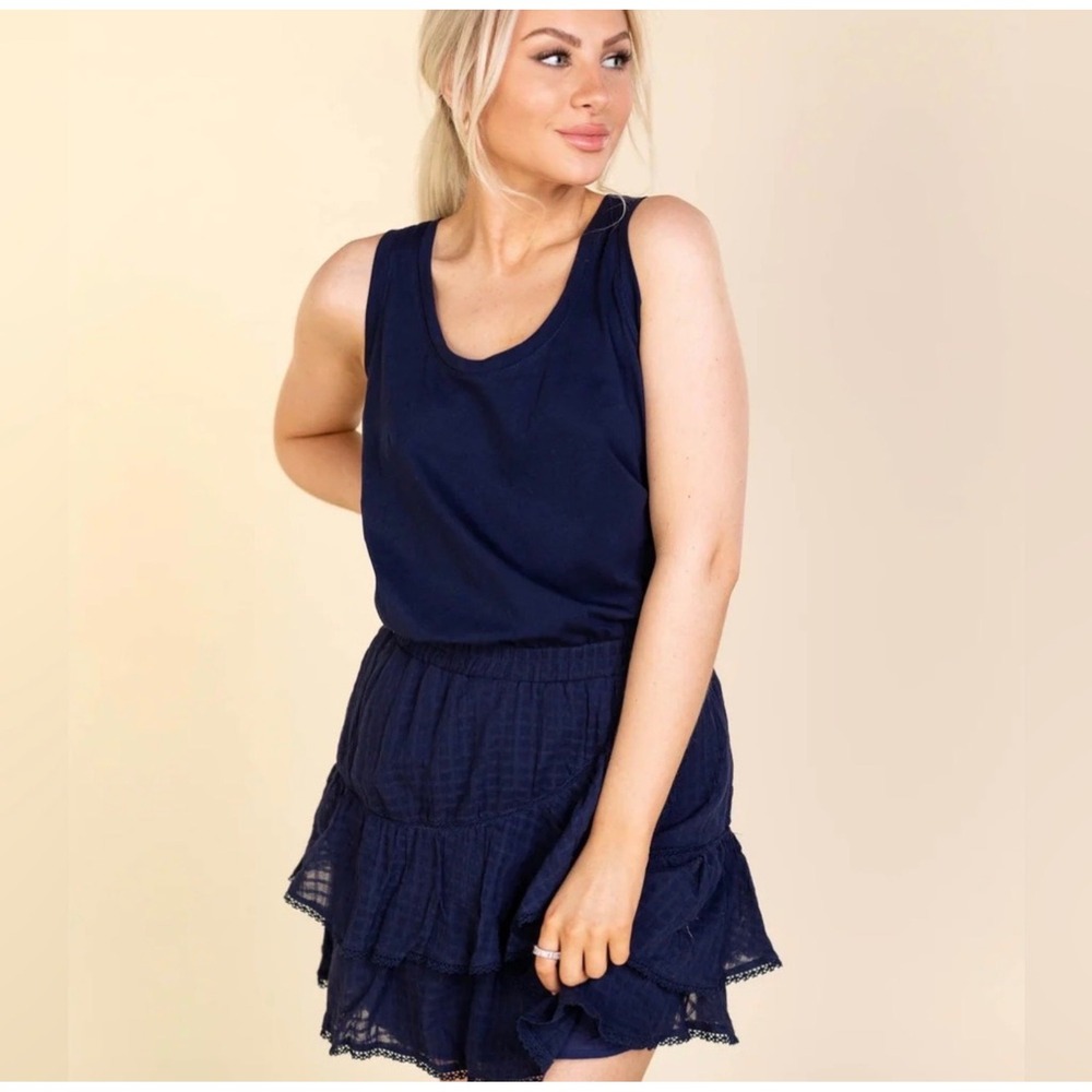 Heartloom Navy Blue Sleeveless Tieredβ Ruffle Mini Dress Small Crochet Lace Trim